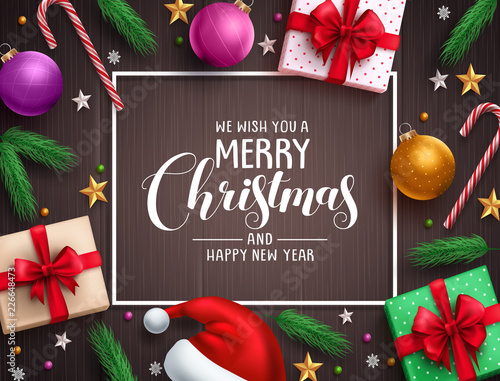 Christmas background vector banner with christmas elements, colorful decorations and greeting text in a boarder in wood texture background. Vector illustration.
