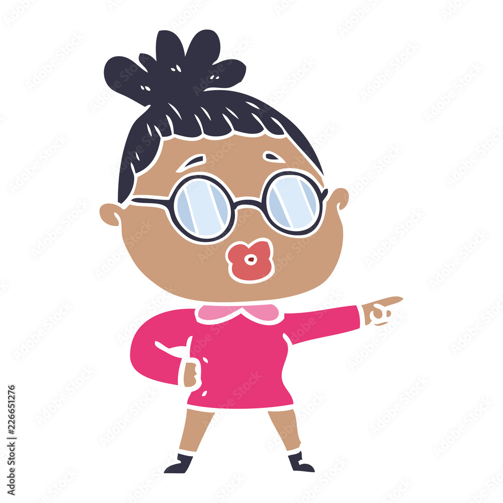flat color style cartoon pointing woman wearing spectacles flat color style cartoon pointing woman wearing spectacles
