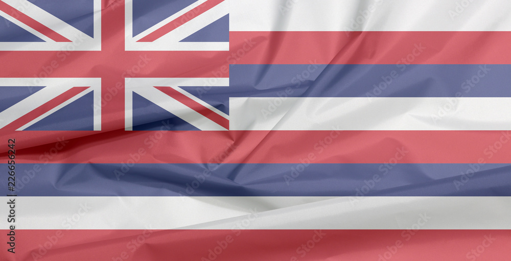 Fabric flag of Hawaii. Crease of Hawaii flag background, The states of America, Eight alternating horizontal stripes of white red and blue with a Union flag in the canton. Fabric flag of Hawaii. Crease of Hawaii flag background, The states of America, Eight alternating horizontal stripes of white red and blue with a Union flag in the canton.