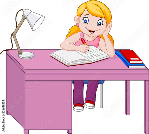 Cartoon little girl studying