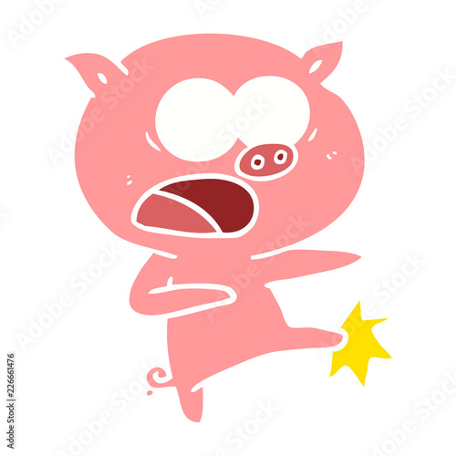 flat color style cartoon pig shouting and kicking