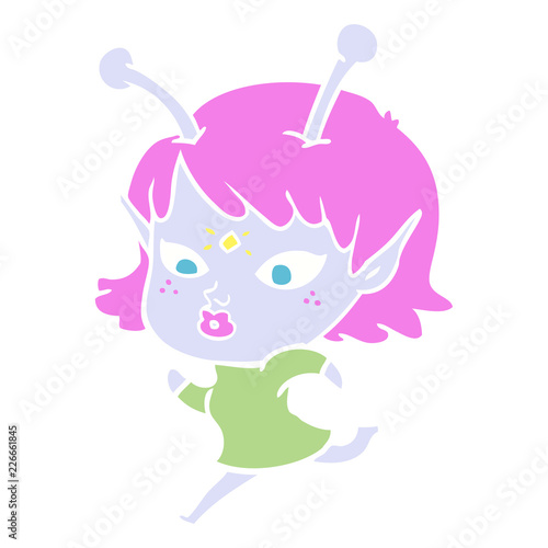 pretty flat color style cartoon alien girl running