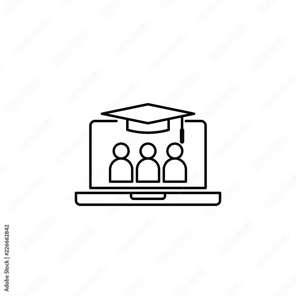 E-learning line icon. Online internet education symbol. graduation cap on laptop screen. digital graduate business sign. logo for web site, mobile app, UI, infographic. Isolated vector illustration. E-learning line icon. Online internet education symbol. graduation cap on laptop screen. digital graduate business sign. logo for web site, mobile app, UI, infographic. Isolated vector illustration.
