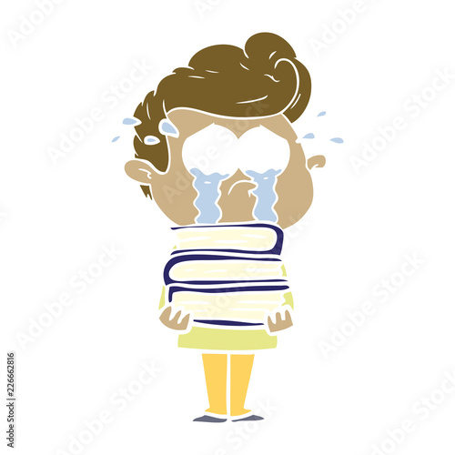 flat color style cartoon crying student with stack of books