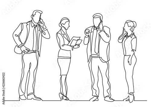continuous line drawing of standing business persons making phone calls
