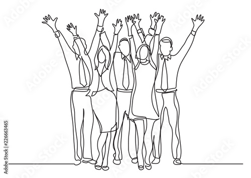 continuous line drawing of standing office team cheering waving hands