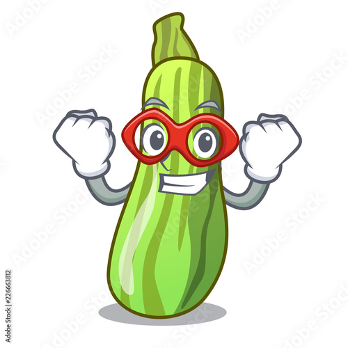 Super hero fresh organic zucchini in cartoon bowl