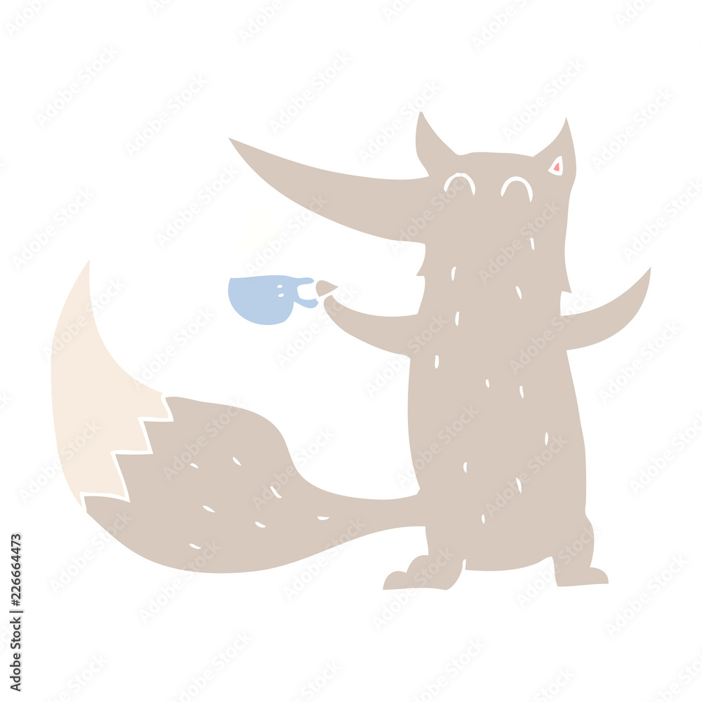 flat color illustration of a cartoon wolf with coffee cup