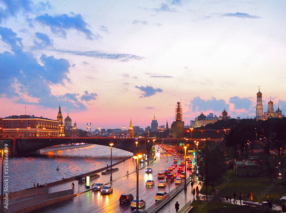 view from the bridge to the Kremlin, Moscow river and Moscow City. Panorama at sunset, Moscow, Russia