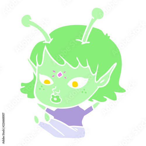 pretty flat color style cartoon alien girl sitting