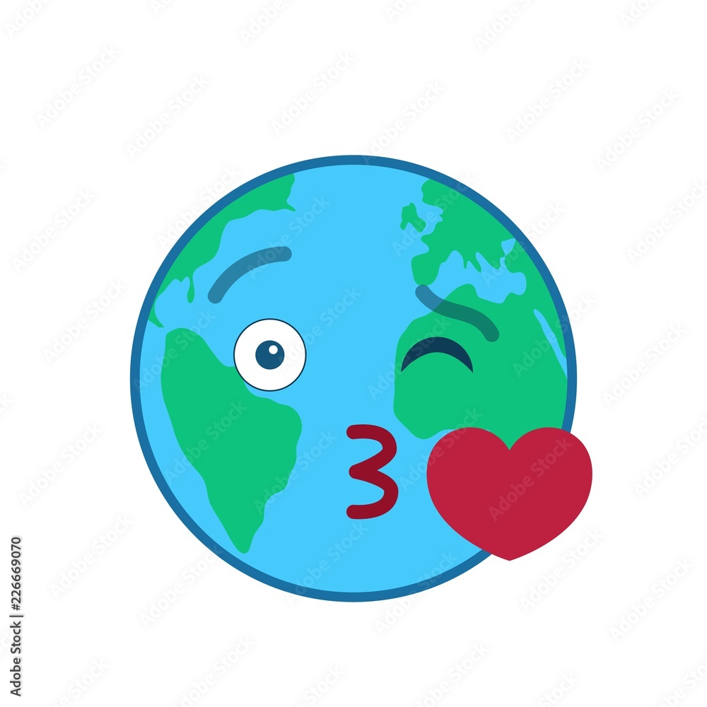 Kissing world globe isolated emoticon. Amorously blue planet emoji. Social communication and weather widget. Sweetheart face showing facial emotion. Funny earth with heart. Weather forecast vector Kissing world globe isolated emoticon. Amorously blue planet emoji. Social communication and weather widget. Sweetheart face showing facial emotion. Funny earth with heart. Weather forecast vector