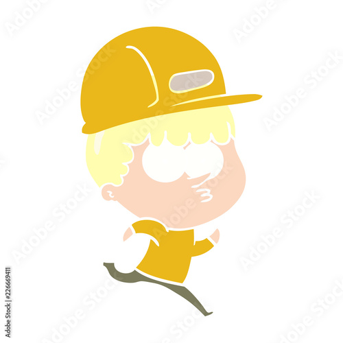 flat color style cartoon man in builders hat running