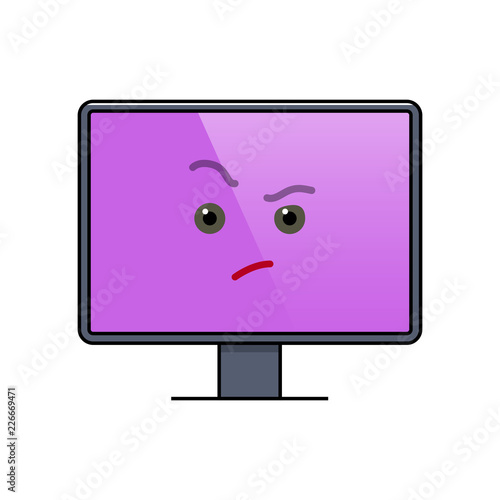 Incredulous face on computer screen emoticon. Distrustful digital device emoji. Social communication and chatting. Critical monitor showing facial emotion. Animated flat display vector illustration