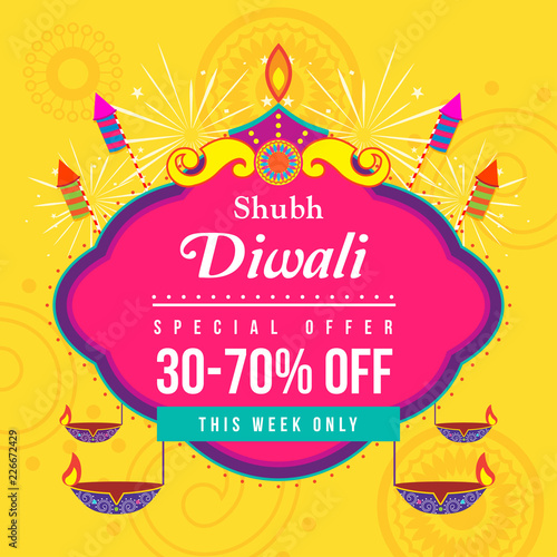 Shubh Diwali (Happy Diwali) sale Vector illustration, Diwali diya (oil lamp) with fireworks and firecracker on yellow background.