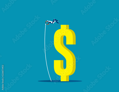 Robot pole vaulting at dollar sign. Concept business vector, Conquering adversity, Jumping.