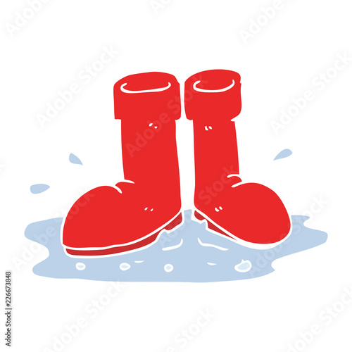 flat color illustration of a cartoon wellington boots in puddle