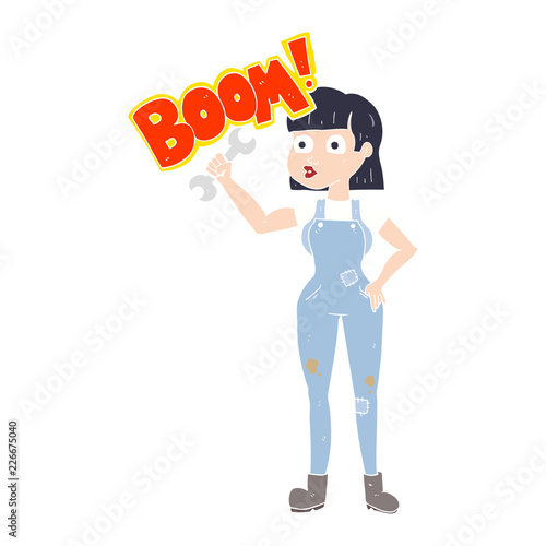 flat color illustration of a cartoon mechanic woman