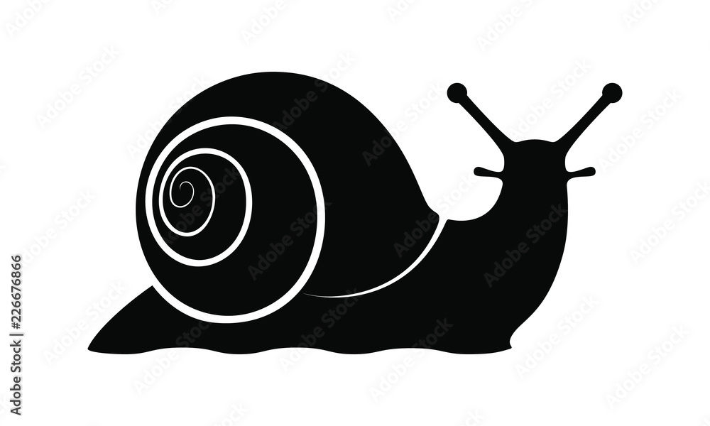 Snail graphic icon. Snail symbol. Snail black silhouette isolated on white background. Logo