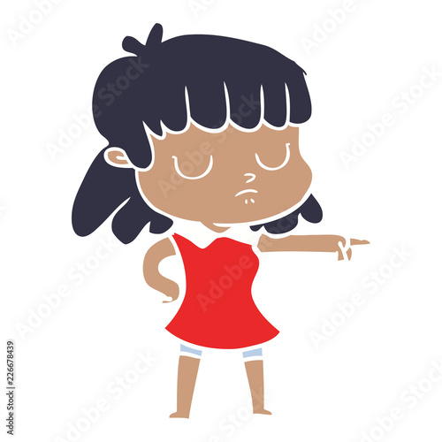 flat color style cartoon indifferent woman pointing