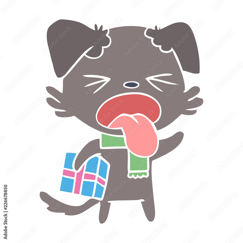 Obraz premium flat color style cartoon disgusted dog with christmas gift