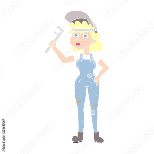 flat color illustration of a cartoon capable woman with wrench