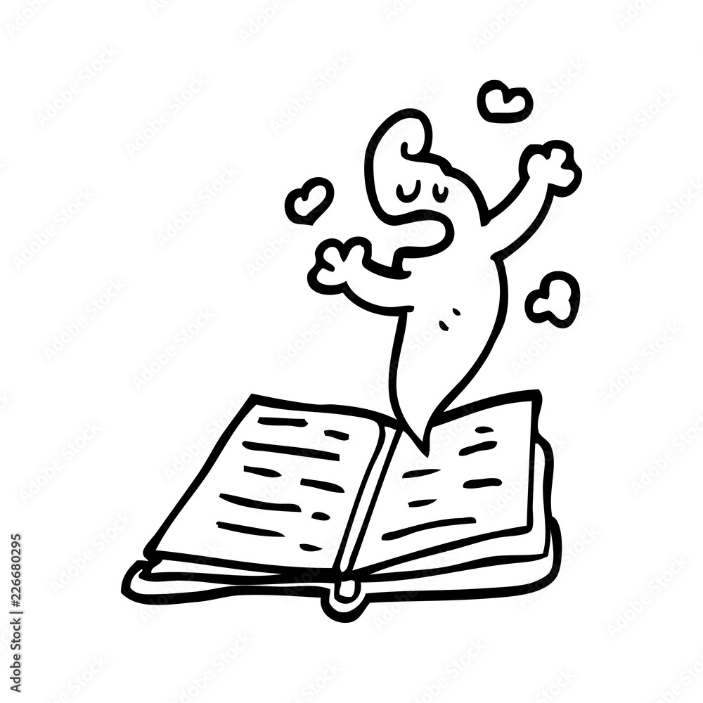 line drawing cartoon spell book with ghost line drawing cartoon spell book with ghost