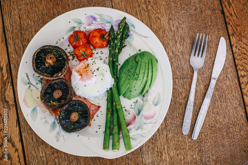 breakfast of poached egg, mushrooms, avocado and tomato asparagus in a plate on wooden table.