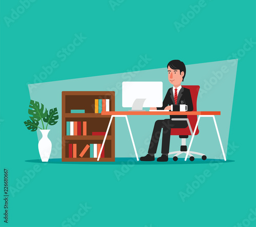 Businessman Working on Computer in Open Space Office
