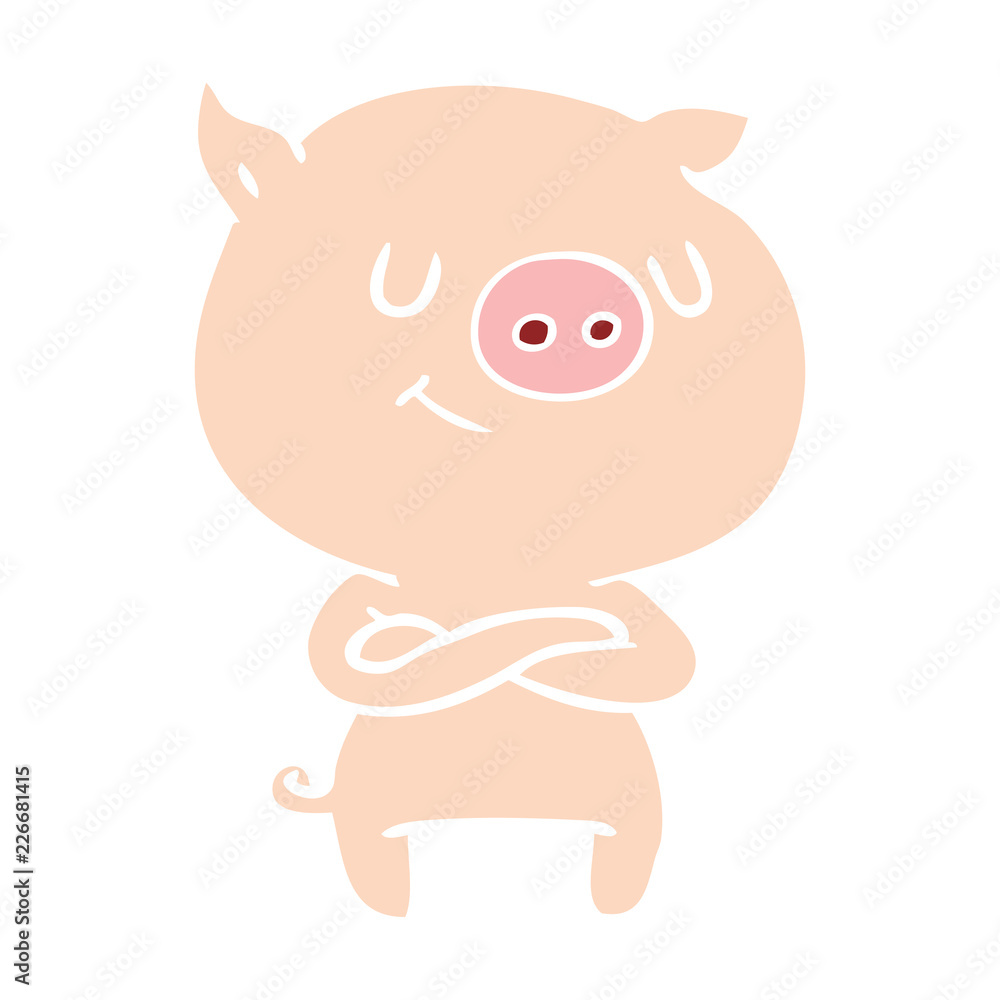 happy flat color style cartoon pig with crossed arms happy flat color style cartoon pig with crossed arms