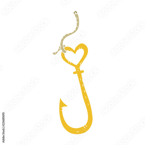 flat color illustration of a cartoon love heart fish hook