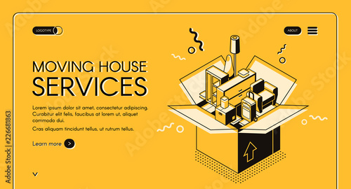 Moving house services vector web banner with home furniture in cardboard box isometric line art illustration on yellow background. Small transport company or door-to-door removals startup landing page