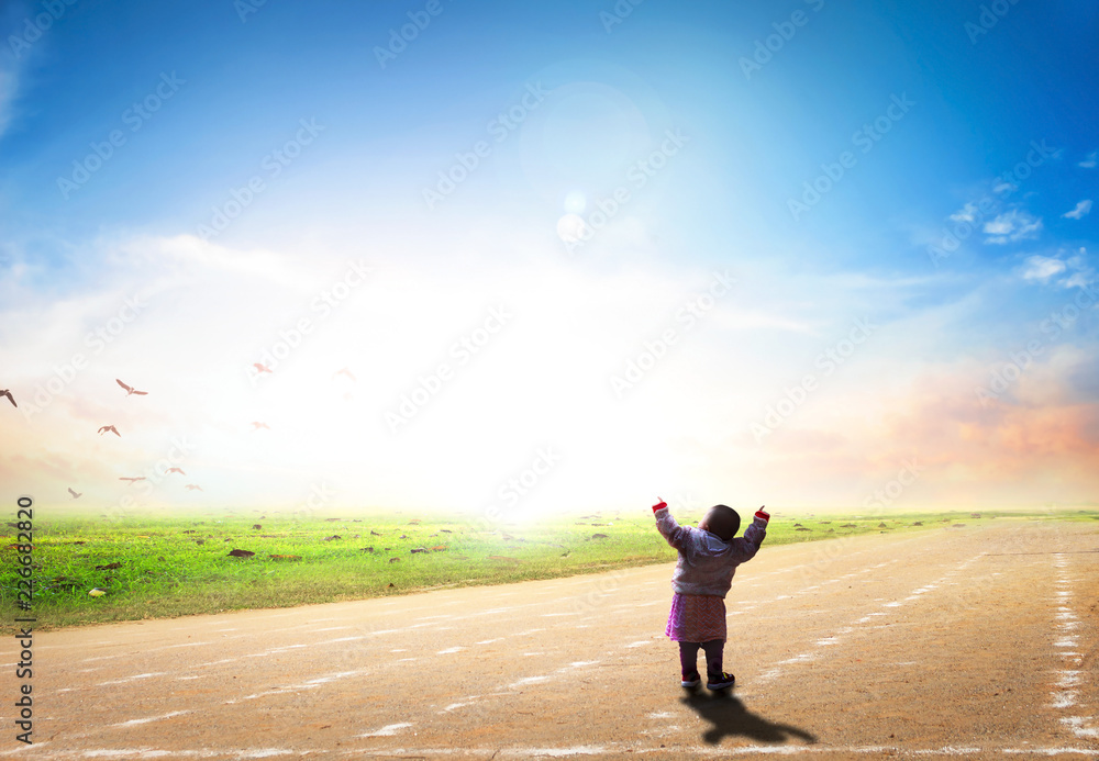 Future concept: kids standing on the runway Future concept: kids standing on the runway