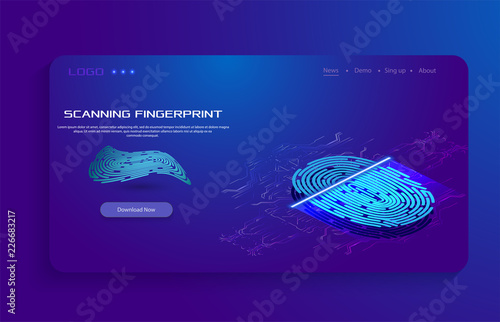 Concept of fingerprint sensor .Access to data. Isometric digital modern identify and measuring the bright fingerprint on the digital surface. 