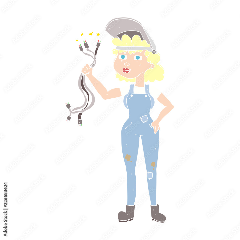 flat color illustration of a cartoon electrician woman