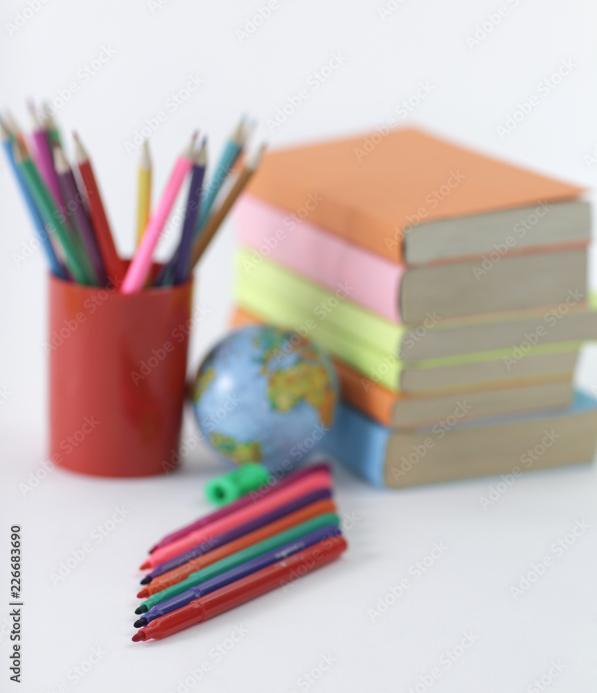 Fototapeta premium felt pens and school supplies on white background .photo with co
