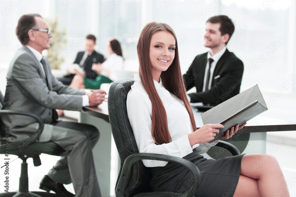Executive business woman with clipboard modern office Executive business woman with clipboard modern office