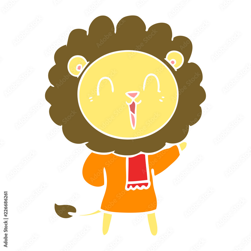 laughing lion flat color style cartoon in winter clothes laughing lion flat color style cartoon in winter clothes