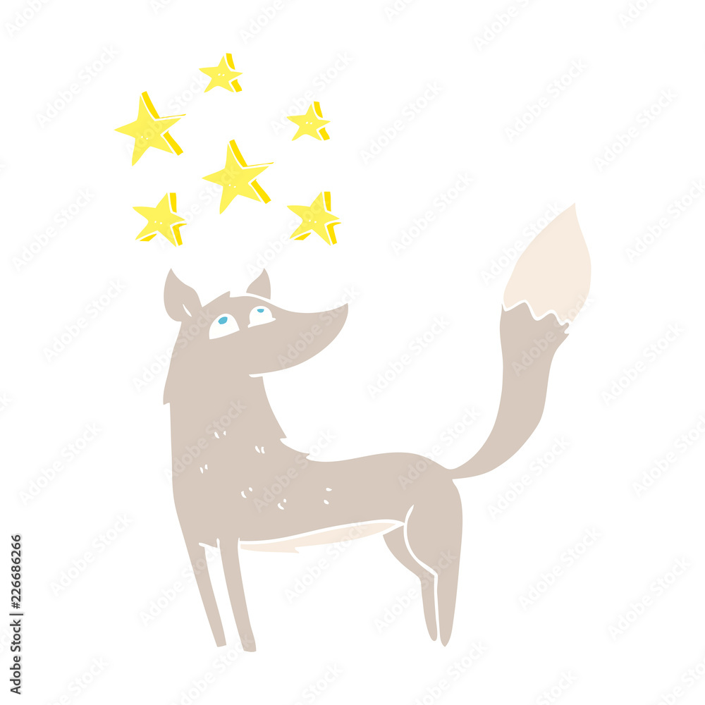 flat color illustration of a cartoon wolf with stars