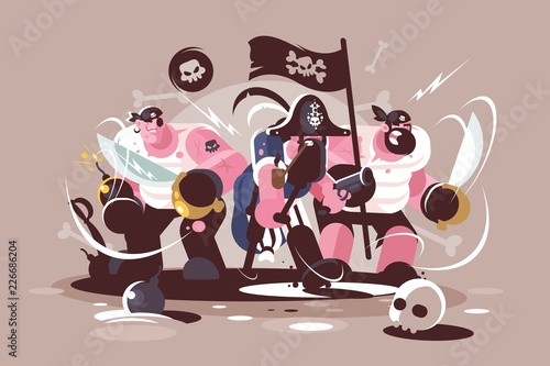Group of mad pirates with bombs and swords weapon