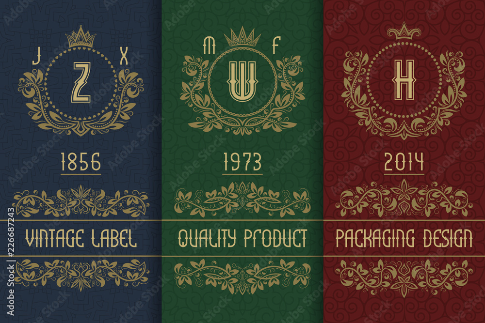 Fototapeta premium Vintage packaging design with royal monograms. Set of labels templates for quality product.