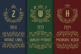 Vintage packaging design with royal monograms. Set of labels templates for quality product.