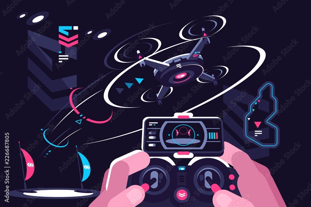 Naklejka premium Hands holding controller flying drone quadcopter.