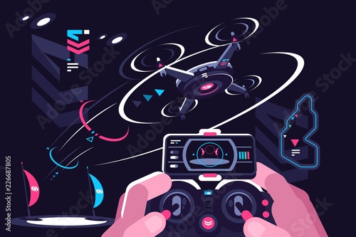 Hands holding controller flying drone quadcopter.