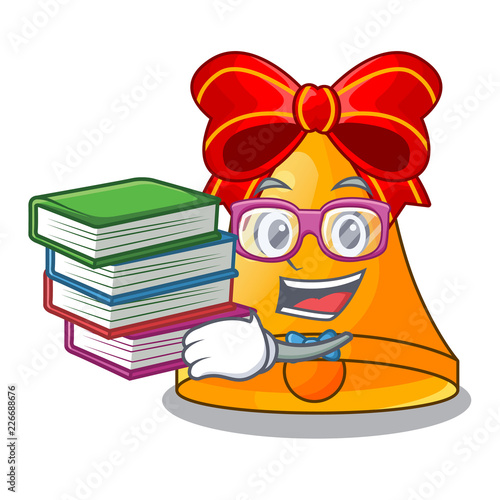Student with book golden christmas bell isolated on mascot