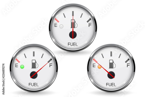 Fuel gauge. Set of round white car dashboard 3d devices with chrome frame