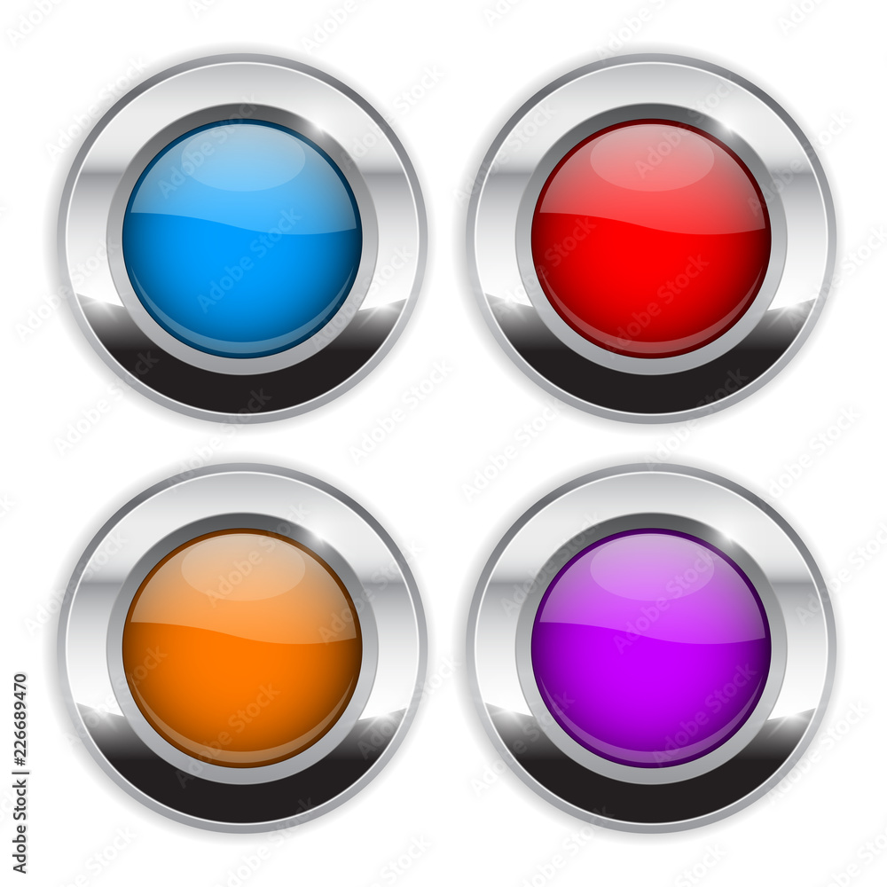 Colored round buttons. Glass 3d shiny icons with wide metal frame Colored round buttons. Glass 3d shiny icons with wide metal frame