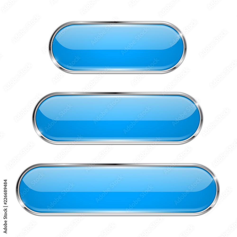 Blue oval buttons. 3d glass menu icons with metal frame Blue oval buttons. 3d glass menu icons with metal frame