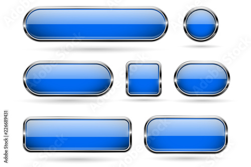 Blue glass buttons with chrome frame. 3d icons