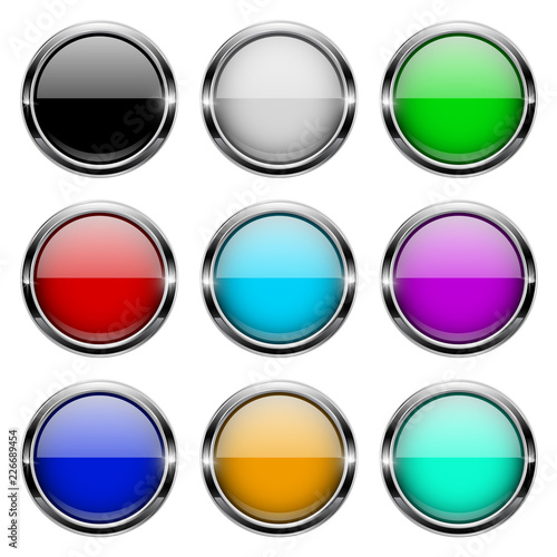 Free Download Colored glass 3d buttons with chrome frame. Round icons - GFXLoad
