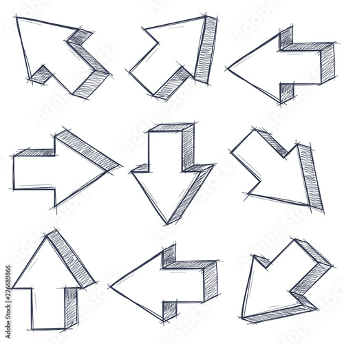 Arrows set. Outline signs with pencil hatching